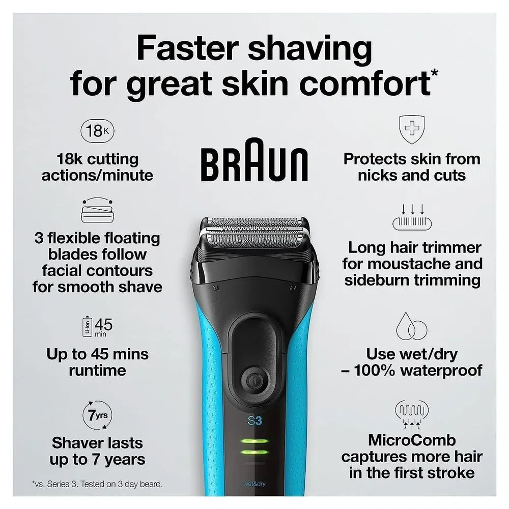 Braun Series 3 ProSkin Men's Electric Razor Trimmer Rechargeable 4pcs Open Box